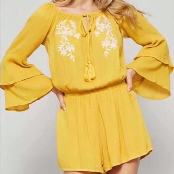 She and Sky Pants - She+Sky Mustard Double Ruffle Bell Sleeve Romper